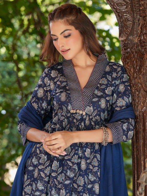 Navy Blue Pure Cotton Floral Printed A-line Kurta Pant With Dupatta Set